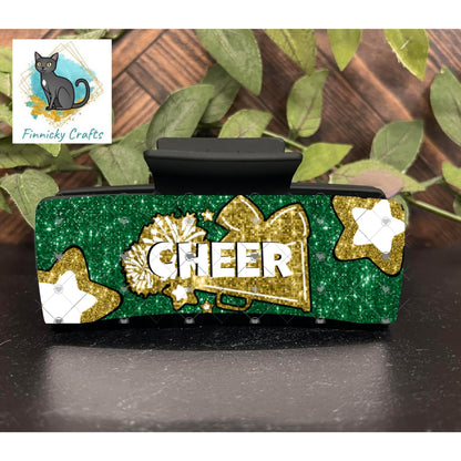 Cheer Hair Clip, Large and Small - Add Personalization or comes with “Cheer” Digital Download - Green and Gold