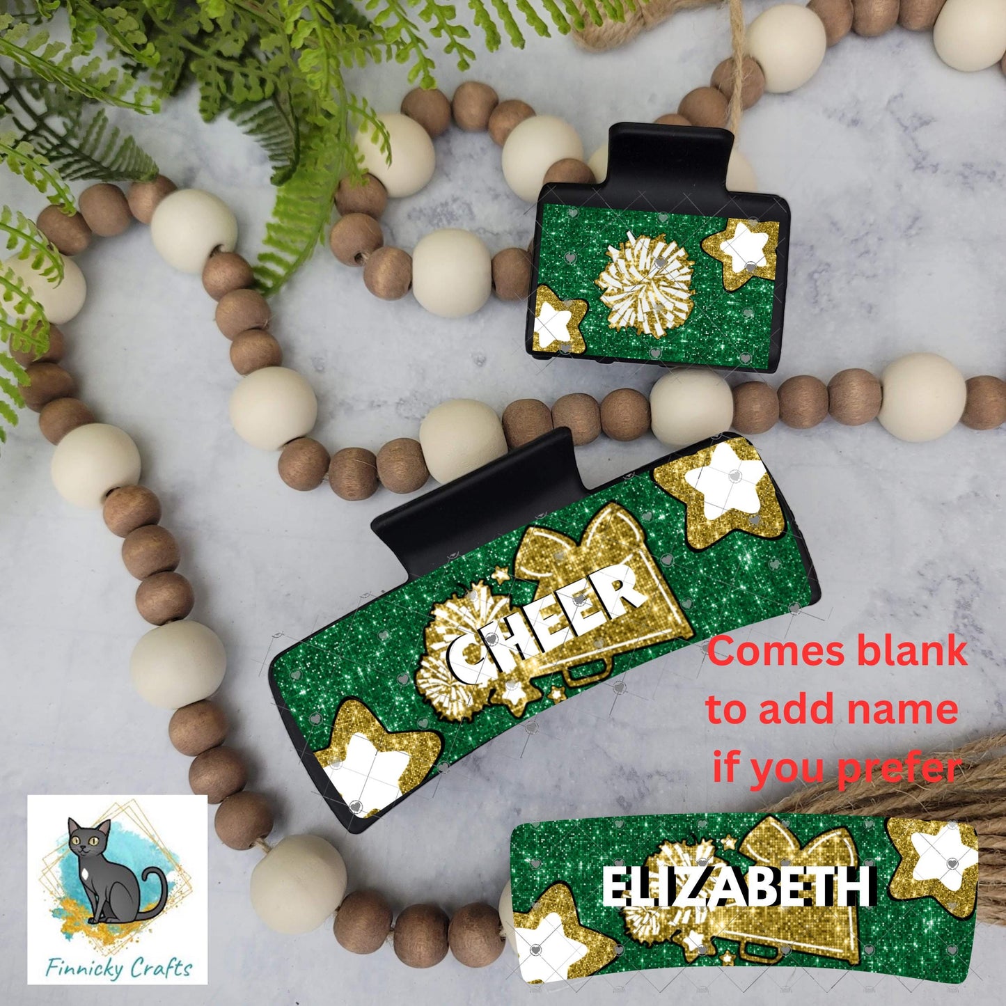 Cheer Hair Clip, Large and Small - Add Personalization or comes with “Cheer” Digital Download - Green and Gold