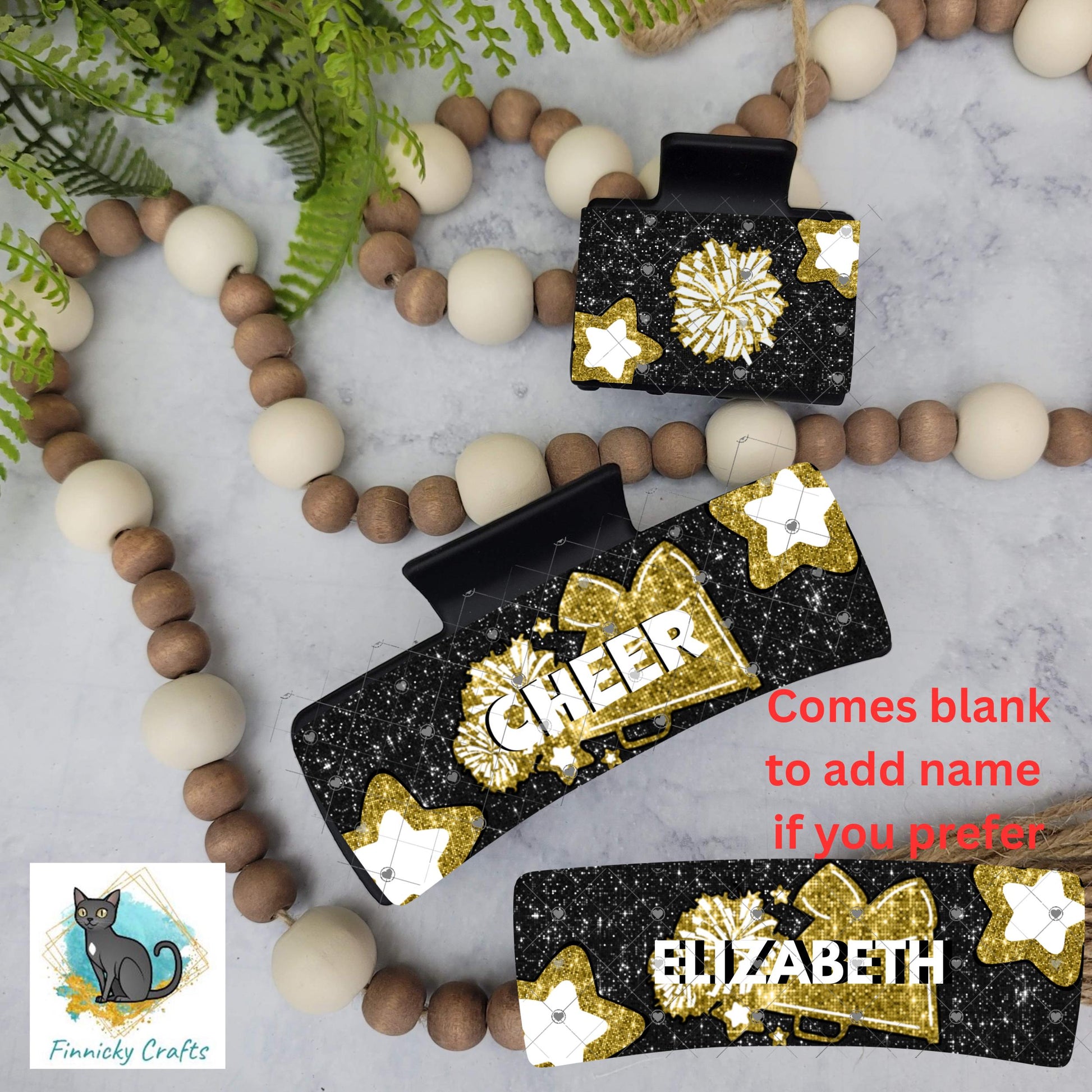 Cheer Hair Clip, Large and Small - Add Personalization or comes with “Cheer” Digital Download - Black and Gold