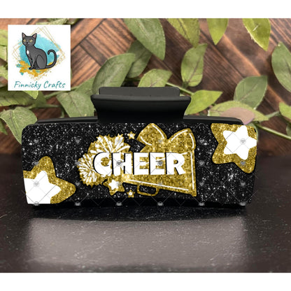 Cheer Hair Clip, Large and Small - Add Personalization or comes with “Cheer” Digital Download - Black and Gold