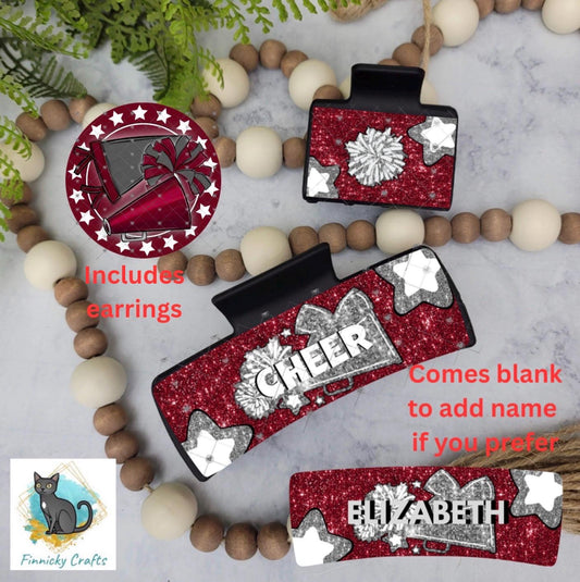 Cheer Hair Clip, Large and Small - Add Personalization or comes with “Cheer” Digital Download - Red and Gray