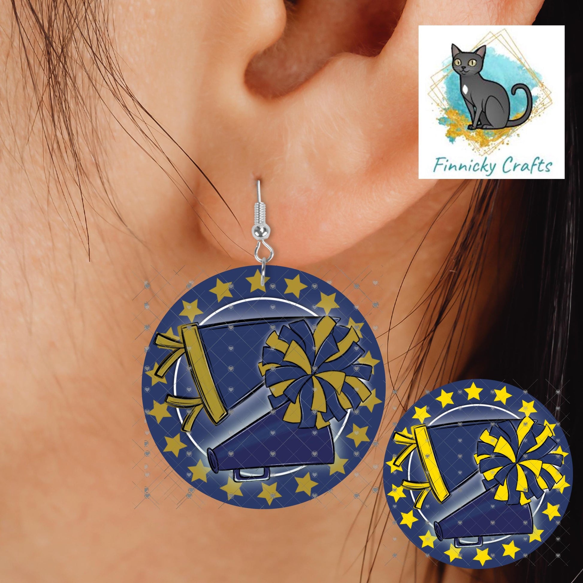 Cheer Hair Clip, Large and Small and Earrings - Add Personalization or comes with “Cheer” Digital Download - Blue and Gold