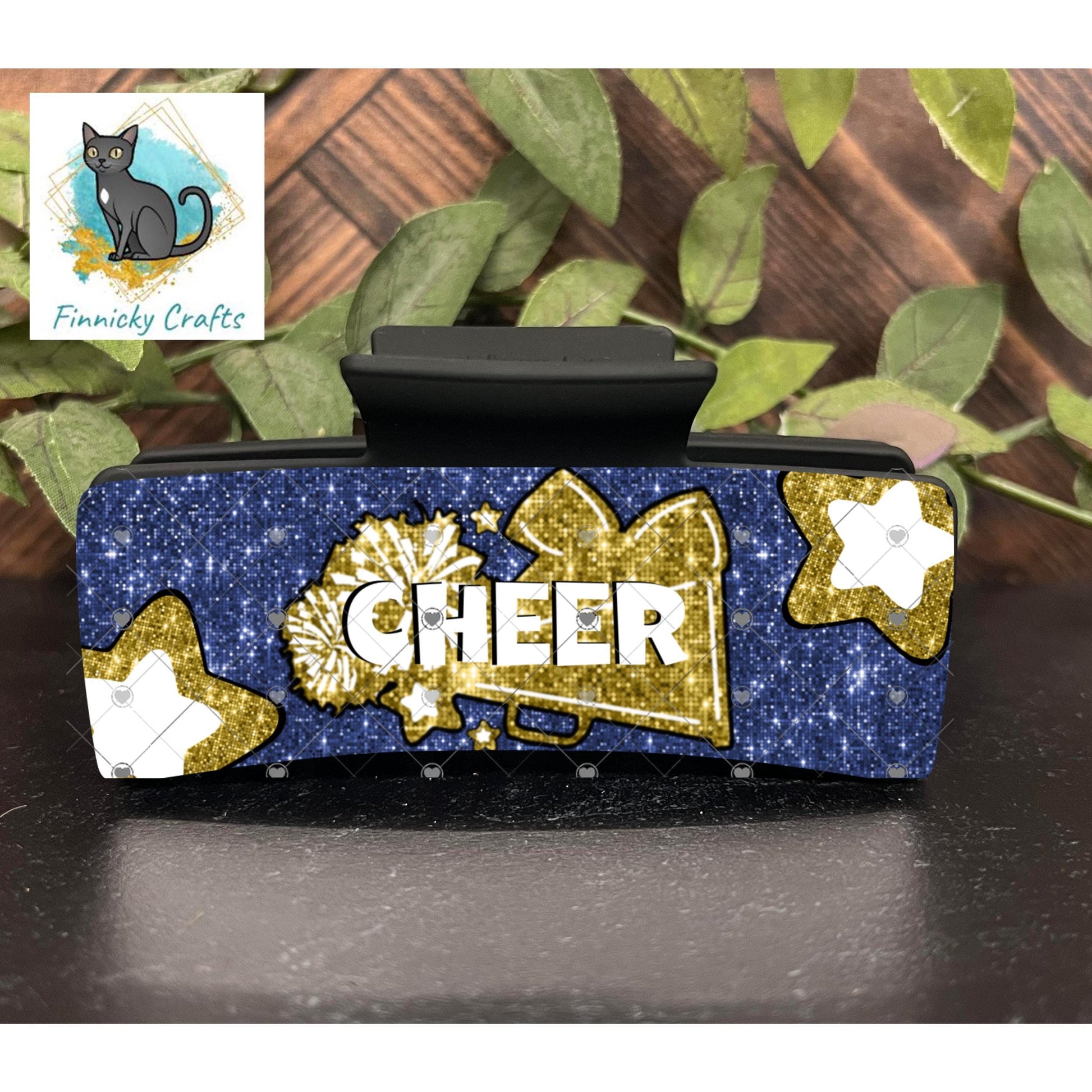 Cheer Hair Clip, Large and Small and Earrings - Add Personalization or comes with “Cheer” Digital Download - Blue and Gold