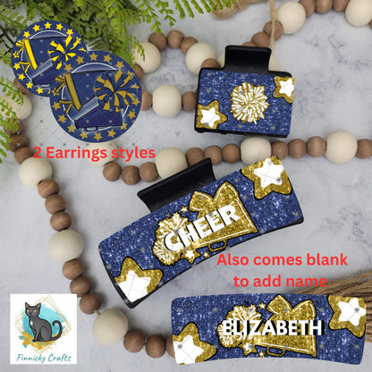 Cheer Hair Clip, Large and Small and Earrings - Add Personalization or comes with “Cheer” Digital Download - Blue and Gold