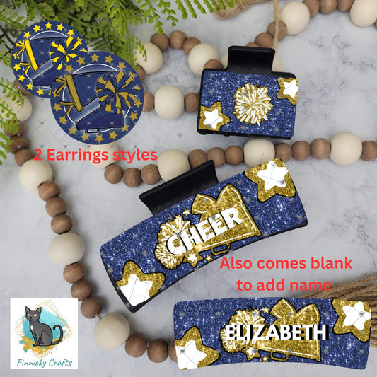Cheer Hair Clip, Large and Small and Earrings - Add Personalization or comes with “Cheer” Digital Download - Blue and Gold