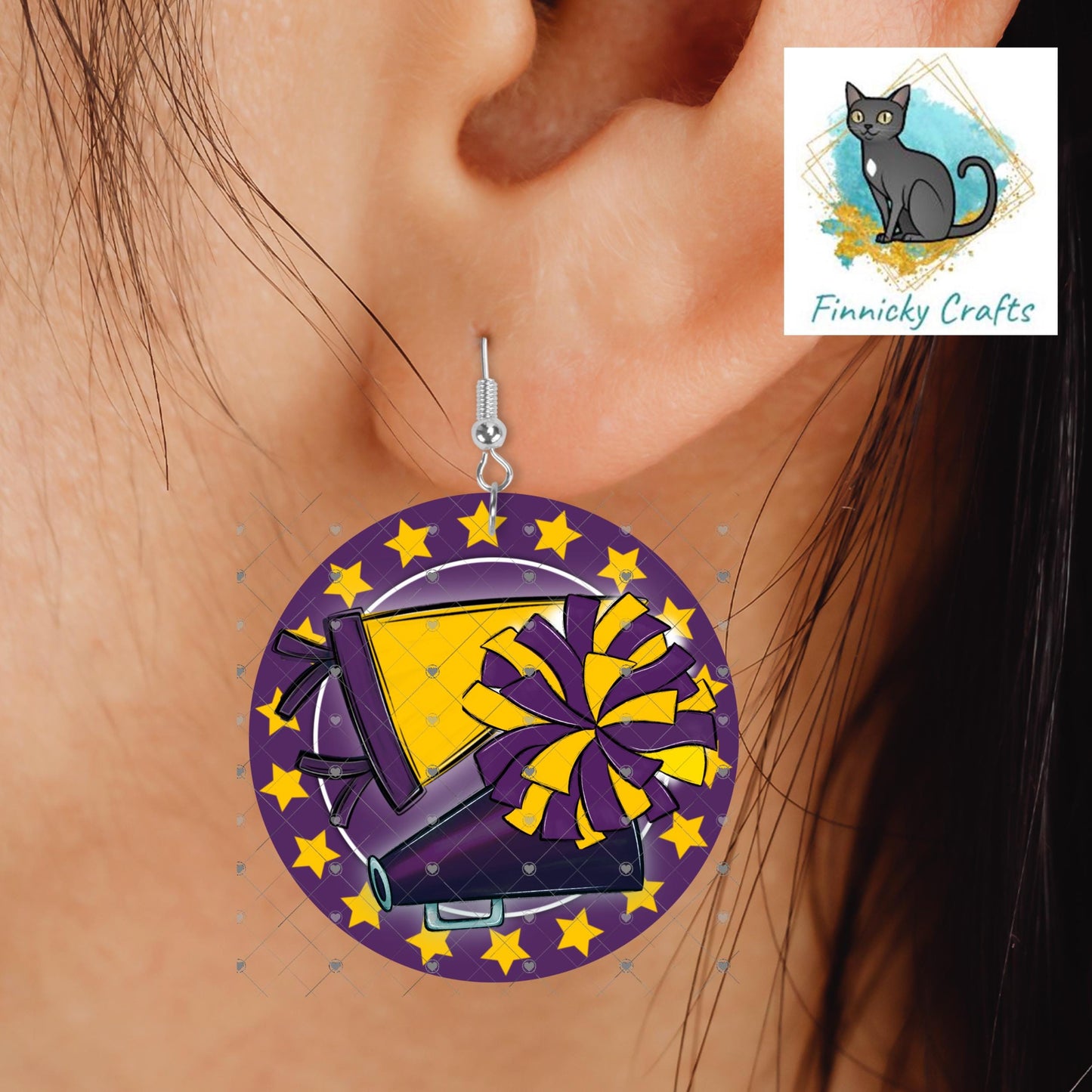 Cheer Hair Clip and Earrings, Large and Small - Add Personalization or comes with “Cheer” Digital Download - Purple and Gold