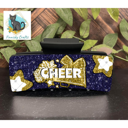 Cheer Hair Clip, Large and Small and Earrings - Add Personalization or comes with “Cheer” Digital Download - Navy Blue and Gold