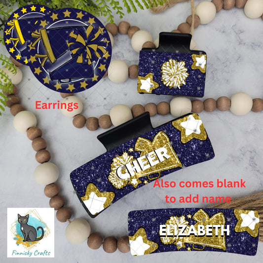Cheer Hair Clip, Large and Small and Earrings - Add Personalization or comes with “Cheer” Digital Download - Navy Blue and Gold