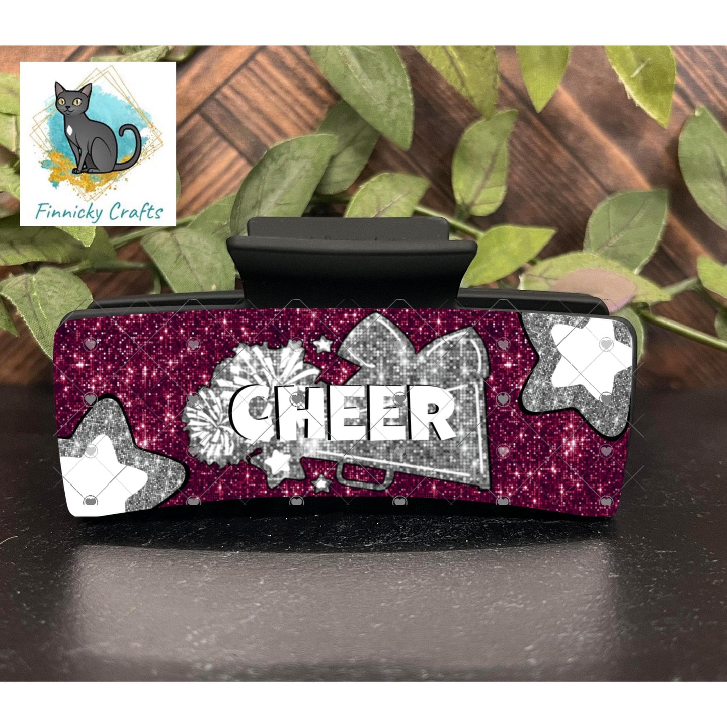 Cheer Hair Clip, Large and Small - Add Personalization or comes with “Cheer” Digital Download - Burgundy and Gray