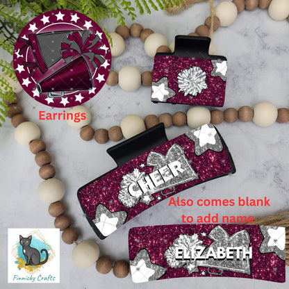 Cheer Hair Clip, Large and Small - Add Personalization or comes with “Cheer” Digital Download - Burgundy and Gray