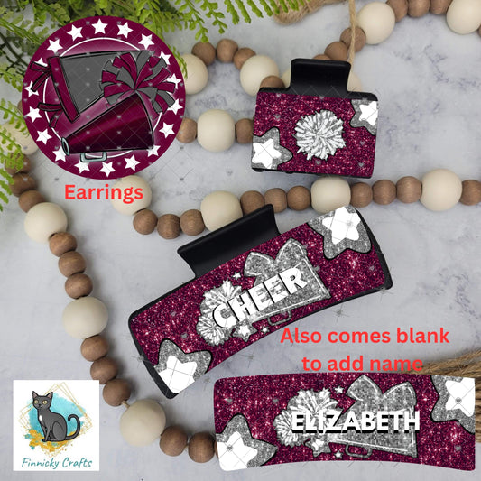 Cheer Hair Clip, Large and Small - Add Personalization or comes with “Cheer” Digital Download - Burgundy and Gray