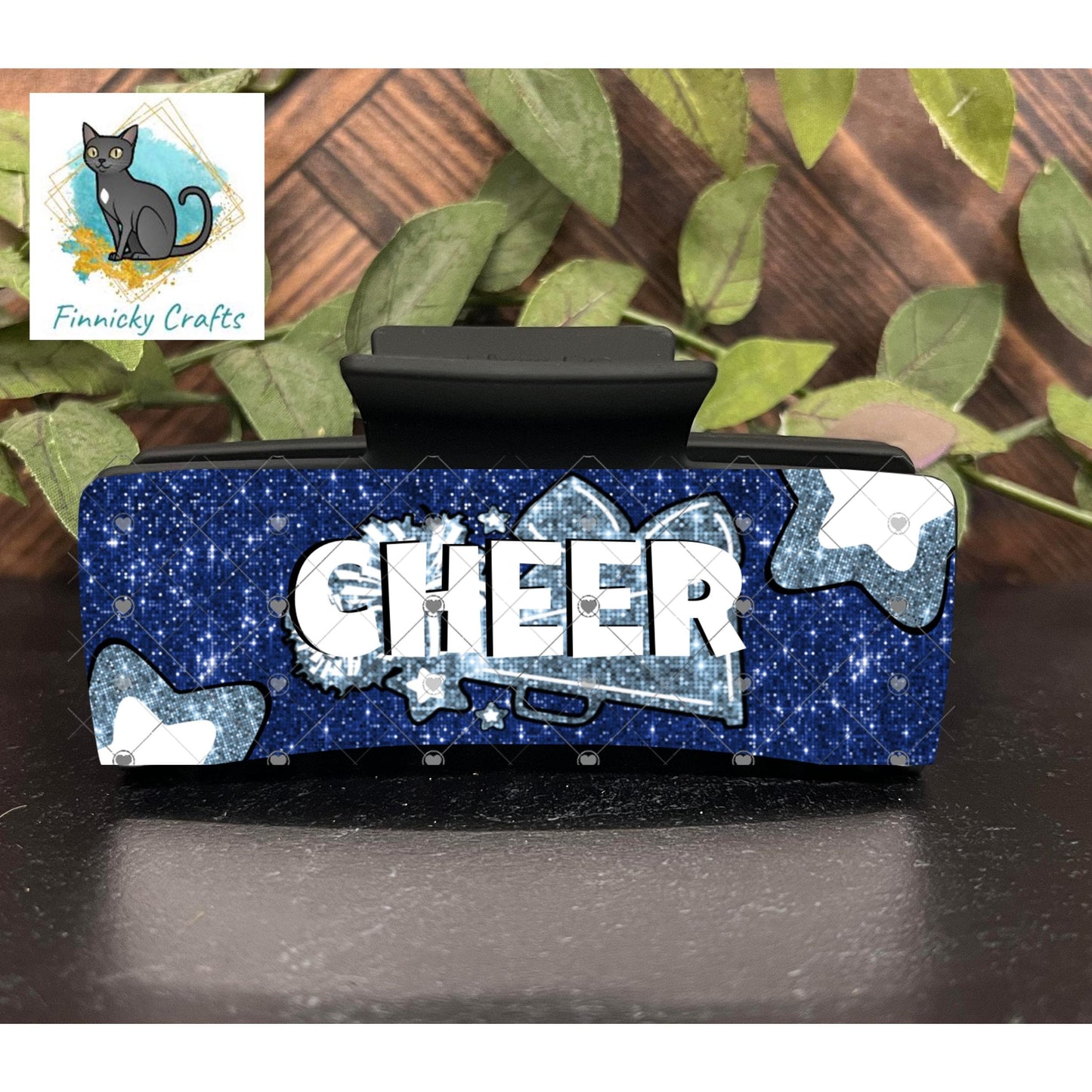 Cheer Hair Clip, Large and Small and Earrings - Add Personalization or comes with “Cheer” Digital Download - Dark and Light Blue