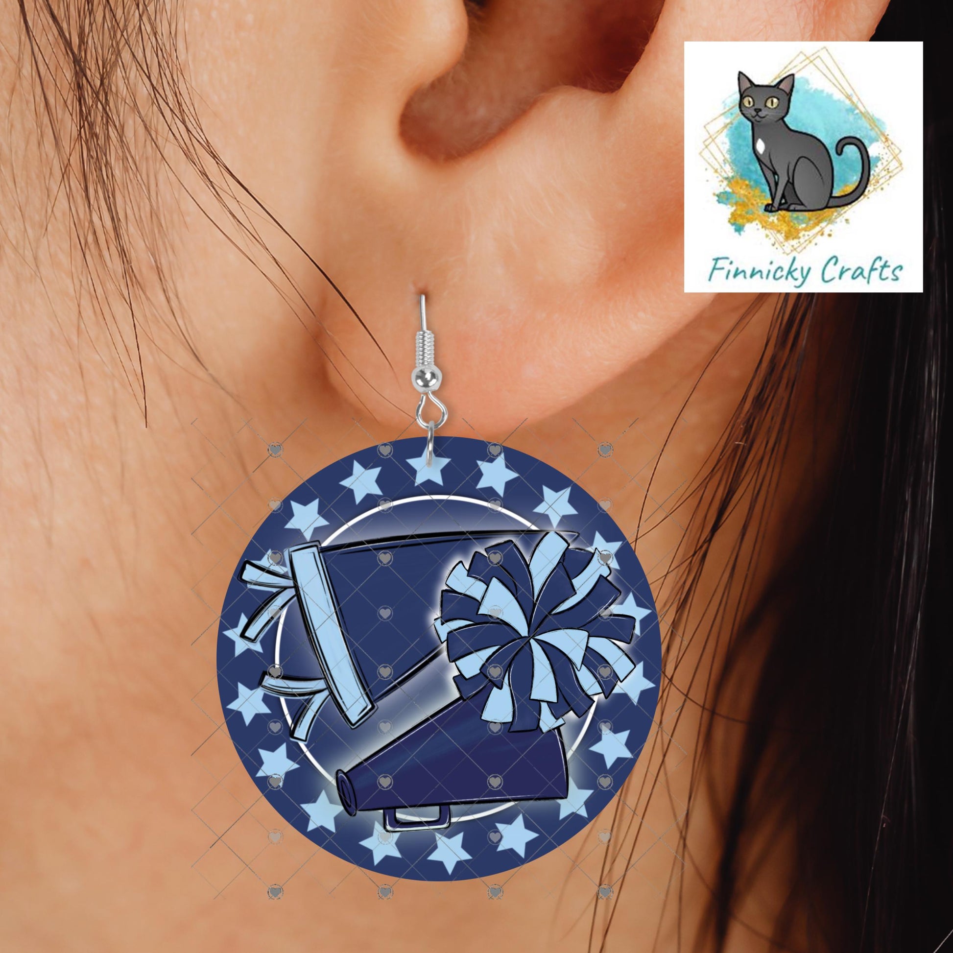 Cheer Hair Clip, Large and Small and Earrings - Add Personalization or comes with “Cheer” Digital Download - Dark and Light Blue