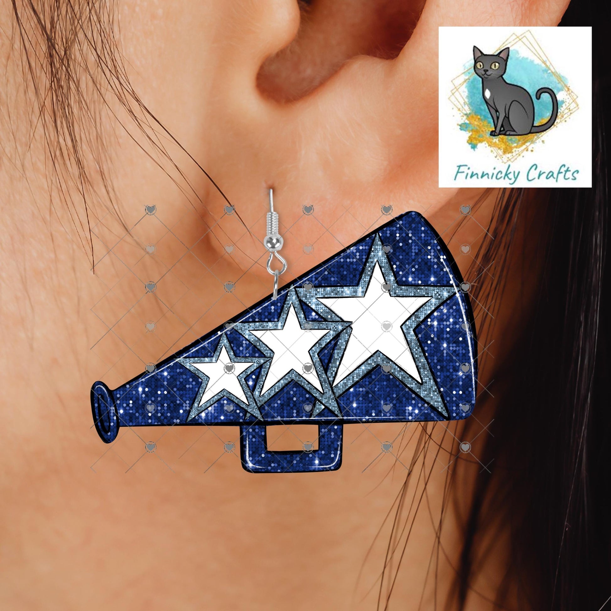 Cheer Hair Clip, Large and Small and Earrings - Add Personalization or comes with “Cheer” Digital Download - Dark and Light Blue