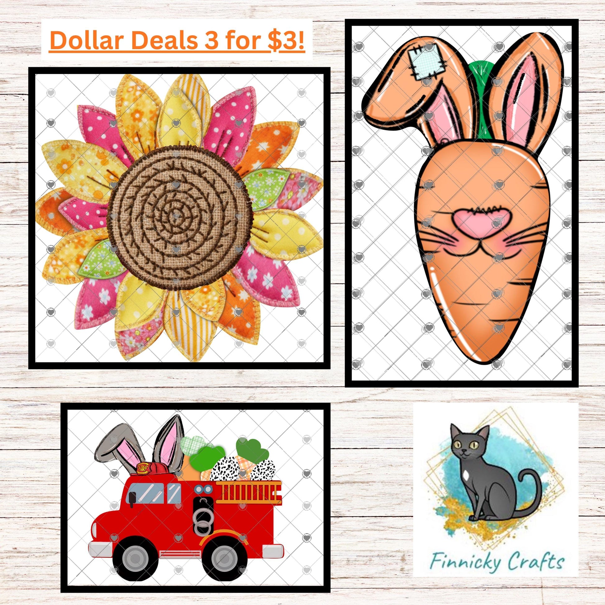 Dollar Deals - Fabric Sunflower, Bunny Carrot, Bunny Fire Truck, Sublimation Designs