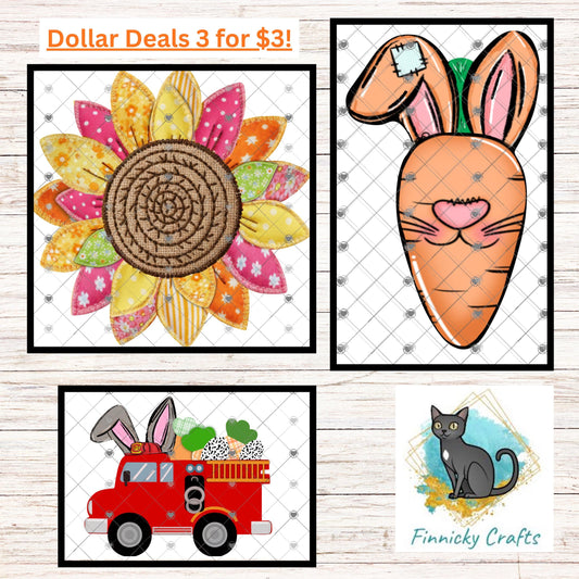 Dollar Deals - Fabric Sunflower, Bunny Carrot, Bunny Fire Truck, Sublimation Designs