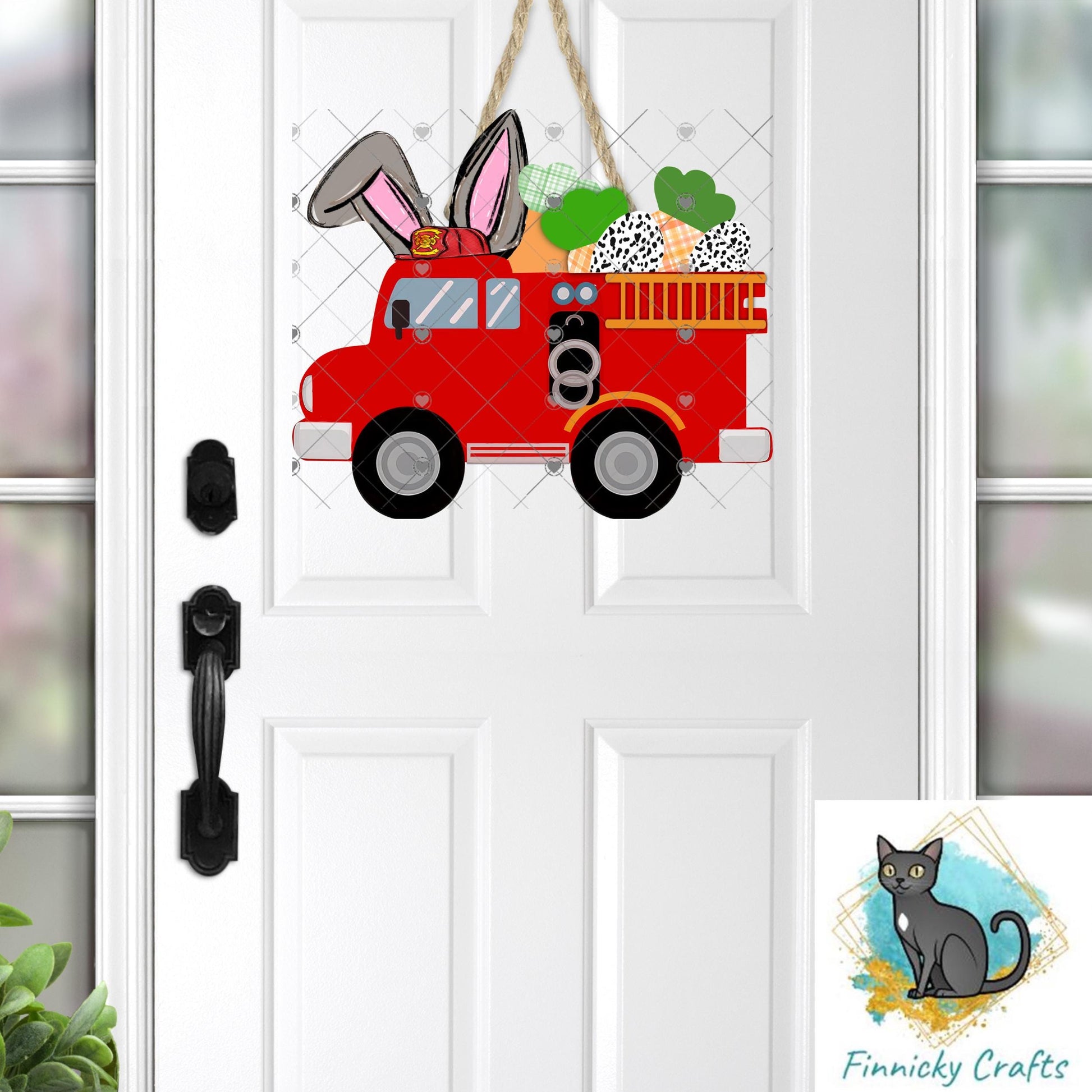 Easter Bunny Fire Truck, Easter Basket Tag, Home Decor, Sign, PNG, DTF Sublimation Designs