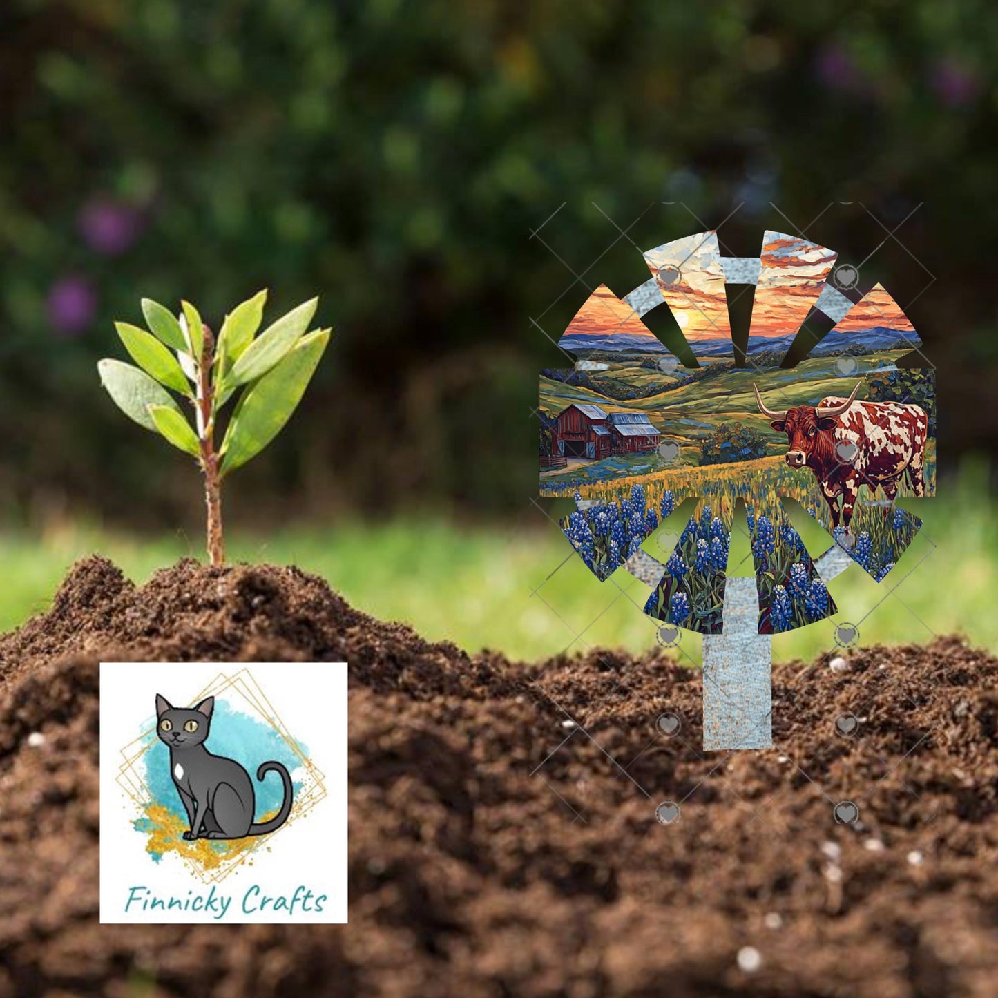 Windmill, Texas, Longhorn, Bluebonnets - Garden Stake Sublimation Design (Digital Design)