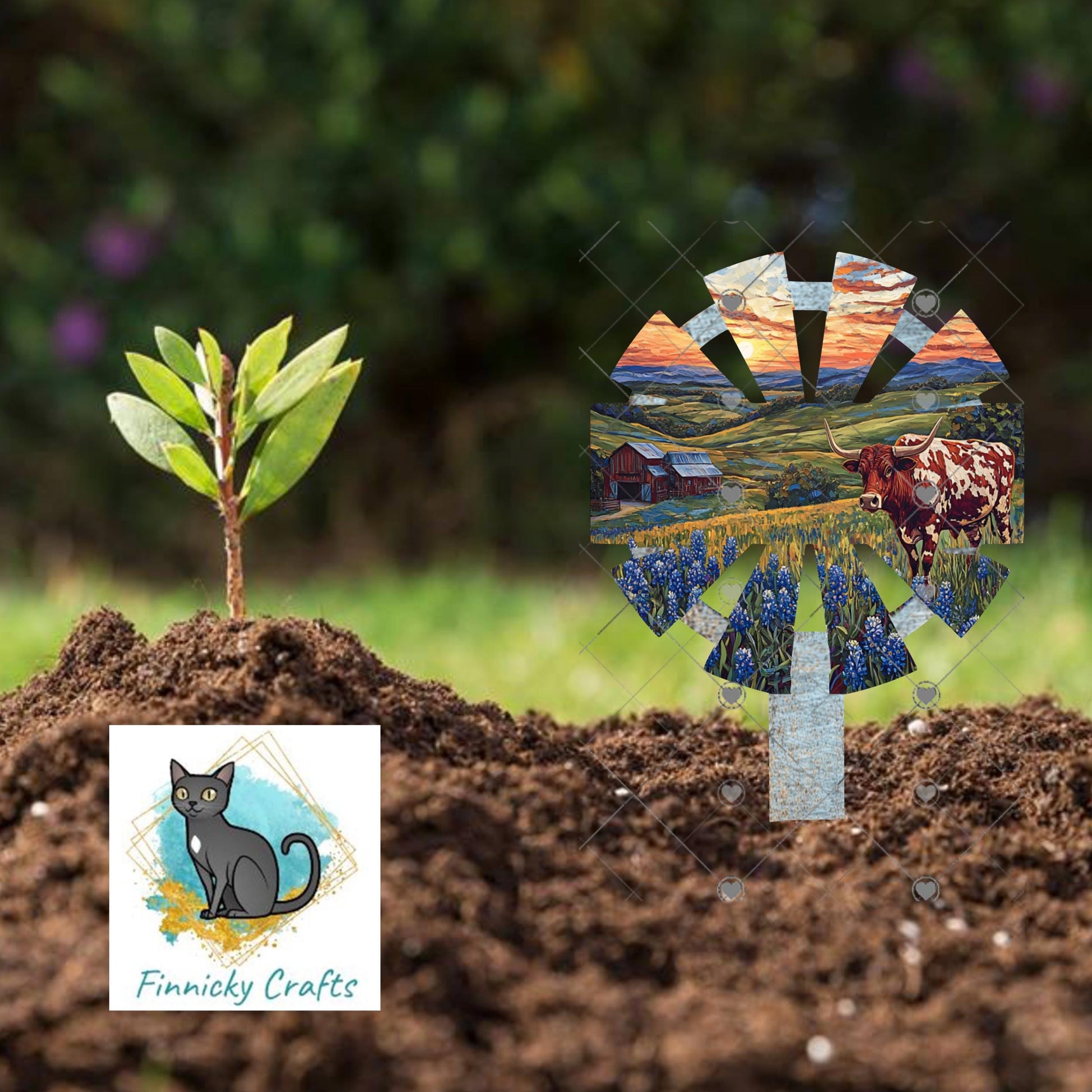 Windmill, Texas, Longhorn, Bluebonnets - Garden Stake Sublimation Design (Digital Design)