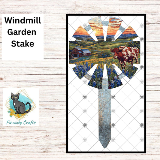 Windmill, Texas, Longhorn, Bluebonnets - Garden Stake Sublimation Design (Digital Design)