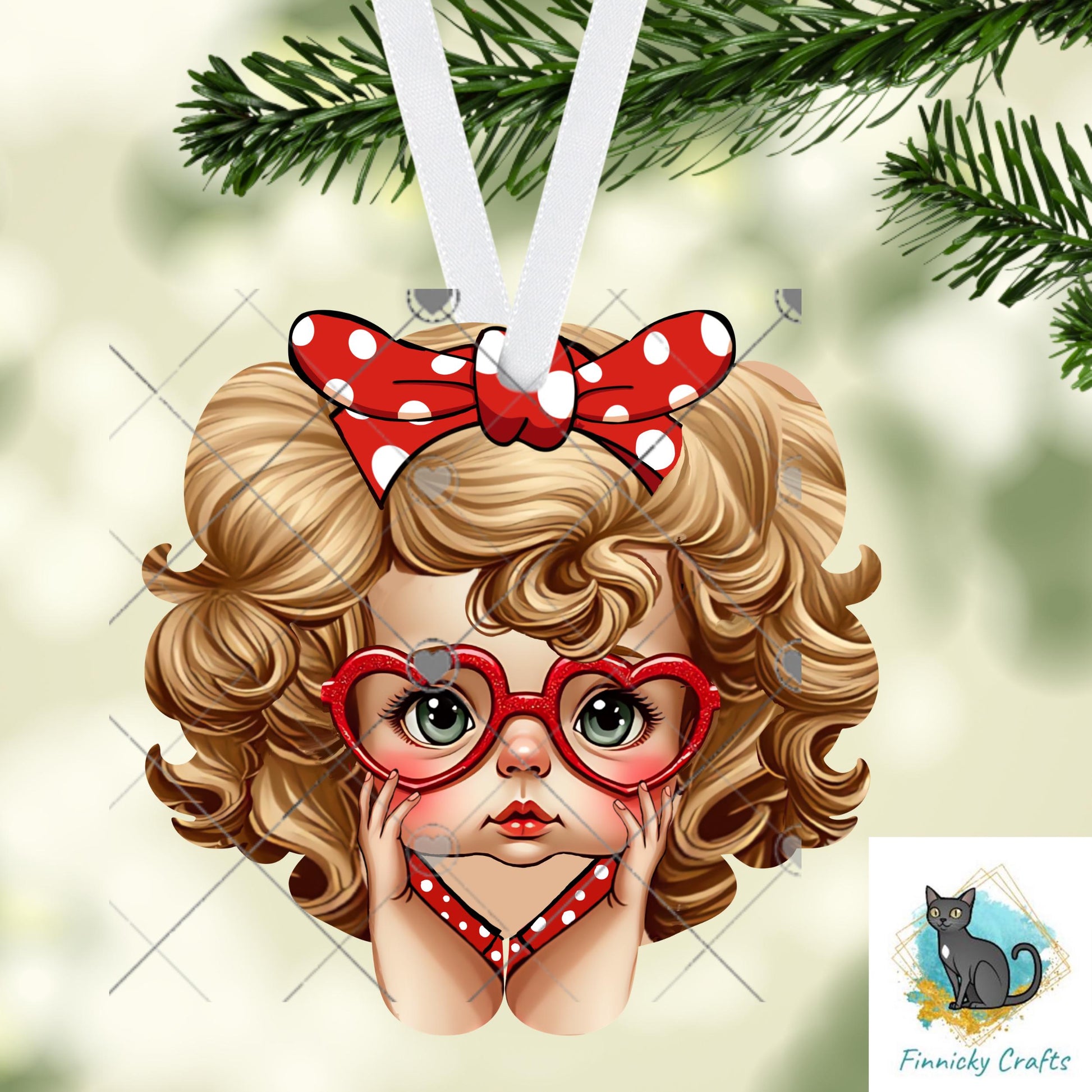 Retro Doll Valentine PNG | Cute Big Eye Girl with Heart Glasses | Red Polka Dot Bow Sublimation Design | Vintage Style Clipart for Tumblers