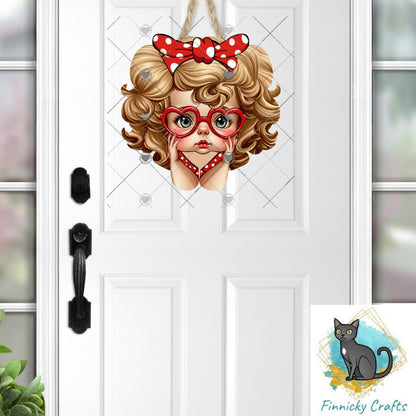 Retro Doll Valentine PNG | Cute Big Eye Girl with Heart Glasses | Red Polka Dot Bow Sublimation Design | Vintage Style Clipart for Tumblers