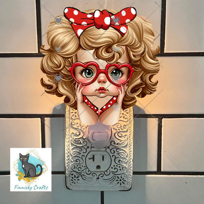 Retro Doll Valentine PNG | Cute Big Eye Girl with Heart Glasses | Red Polka Dot Bow Sublimation Design | Vintage Style Clipart for Tumblers
