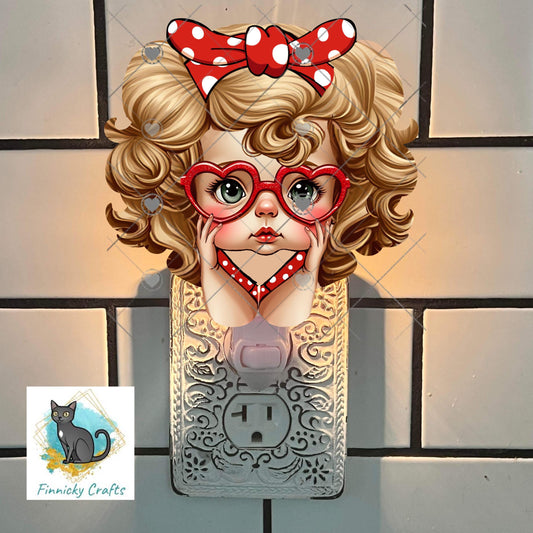Retro Doll Valentine PNG | Cute Big Eye Girl with Heart Glasses | Red Polka Dot Bow Sublimation Design | Vintage Style Clipart for Tumblers