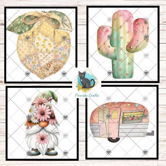 Sublimation Designs Bundle, Patchwork Lemon, Flower Gnome, Saguaro Cactus, Camper, MSS GG Blanks Compatible, Digital Craft PNGs