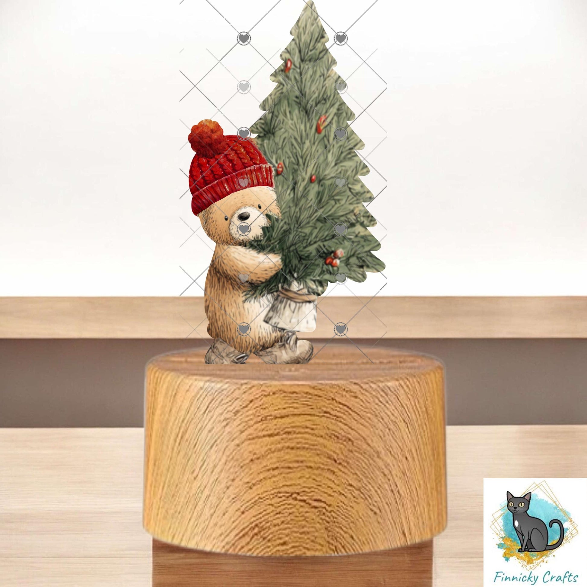 Bear carrying a Christmas Tree- Digital Design- Ornament, Shirt, Night Light - Acrylic or MDF