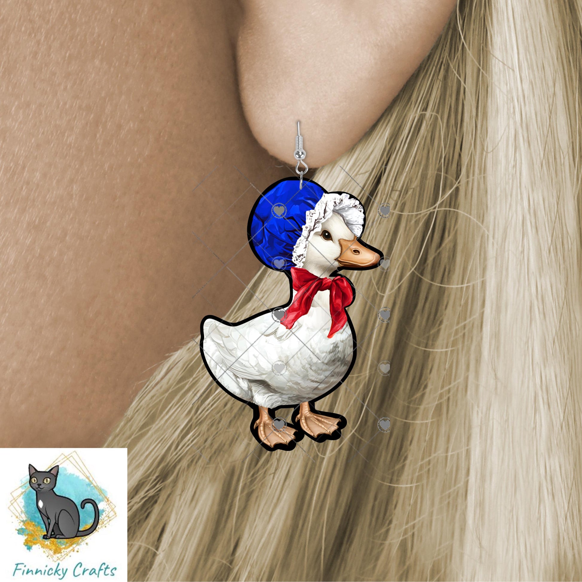 Goose in a bonnet, Red, White, Blue, Sublimation, Digital, PNG, DTF, Design, Download Only, earrings, badge reel