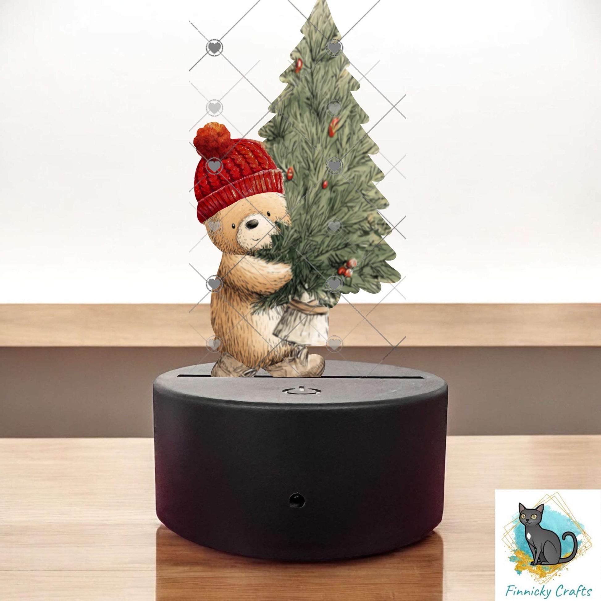 Bear carrying a Christmas Tree- Digital Design- Ornament, Shirt, Night Light - Acrylic or MDF