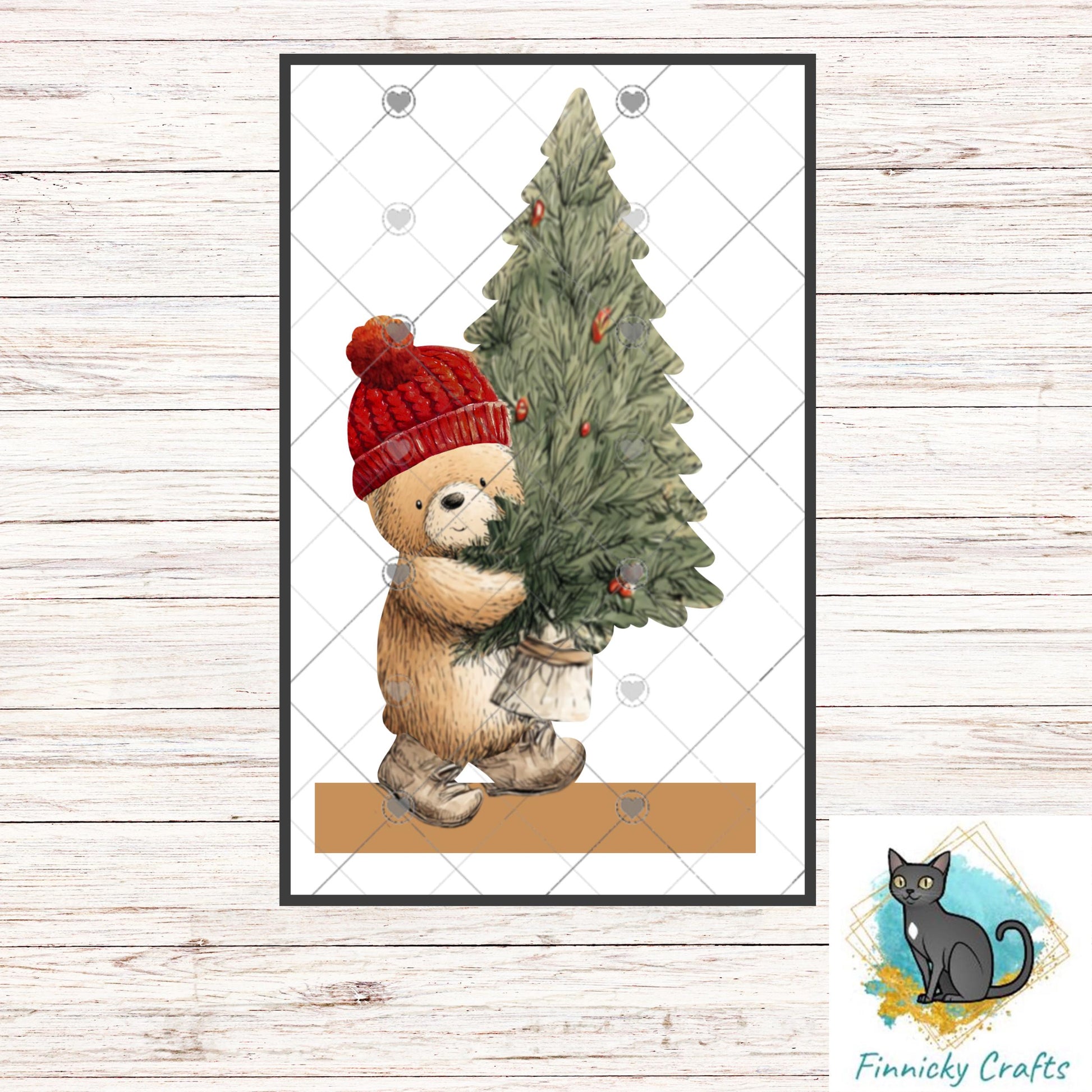 Bear carrying a Christmas Tree- Digital Design- Ornament, Shirt, Night Light - Acrylic or MDF