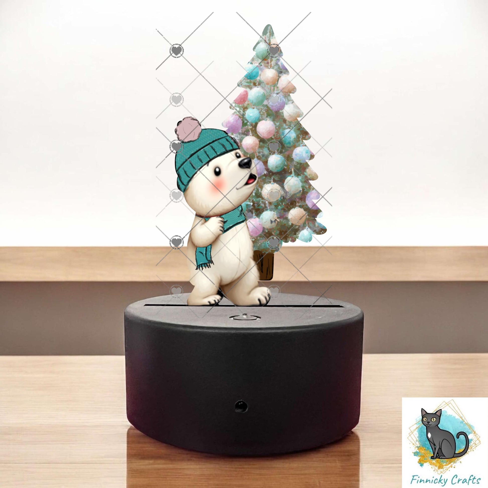 Polar Bear carrying a Christmas Tree- Digital Design- Ornament, Shirt, Night Light - Acrylic or MDF