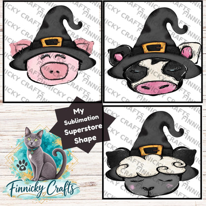 Farm Animals with a Witch Hat PNG Bundle – Sublimation Design (Digital Download)