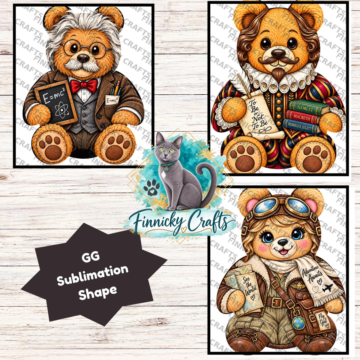 Famous Teddy Bear Sublimation Designs (Digital Download) - Einstein, Earhart, Shakespeare