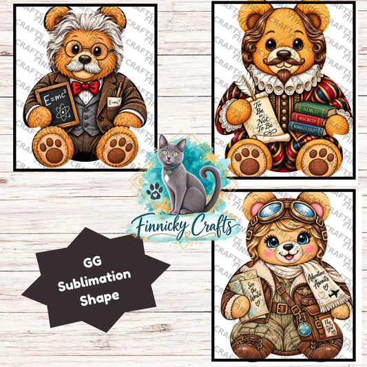 Famous Teddy Bear Sublimation Designs (Digital Download) - Einstein, Earhart, Shakespeare