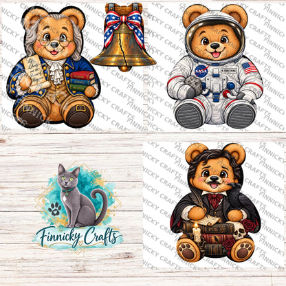 Famous Teddy Bear Sublimation Designs (Digital Download) - Ben Franklin, Neil Armstrong, Edgar Allan Poe Bonus: Liberty Bell