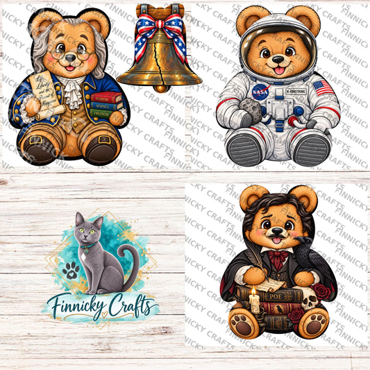 Famous Teddy Bear Sublimation Designs (Digital Download) - Ben Franklin, Neil Armstrong, Edgar Allan Poe Bonus: Liberty Bell