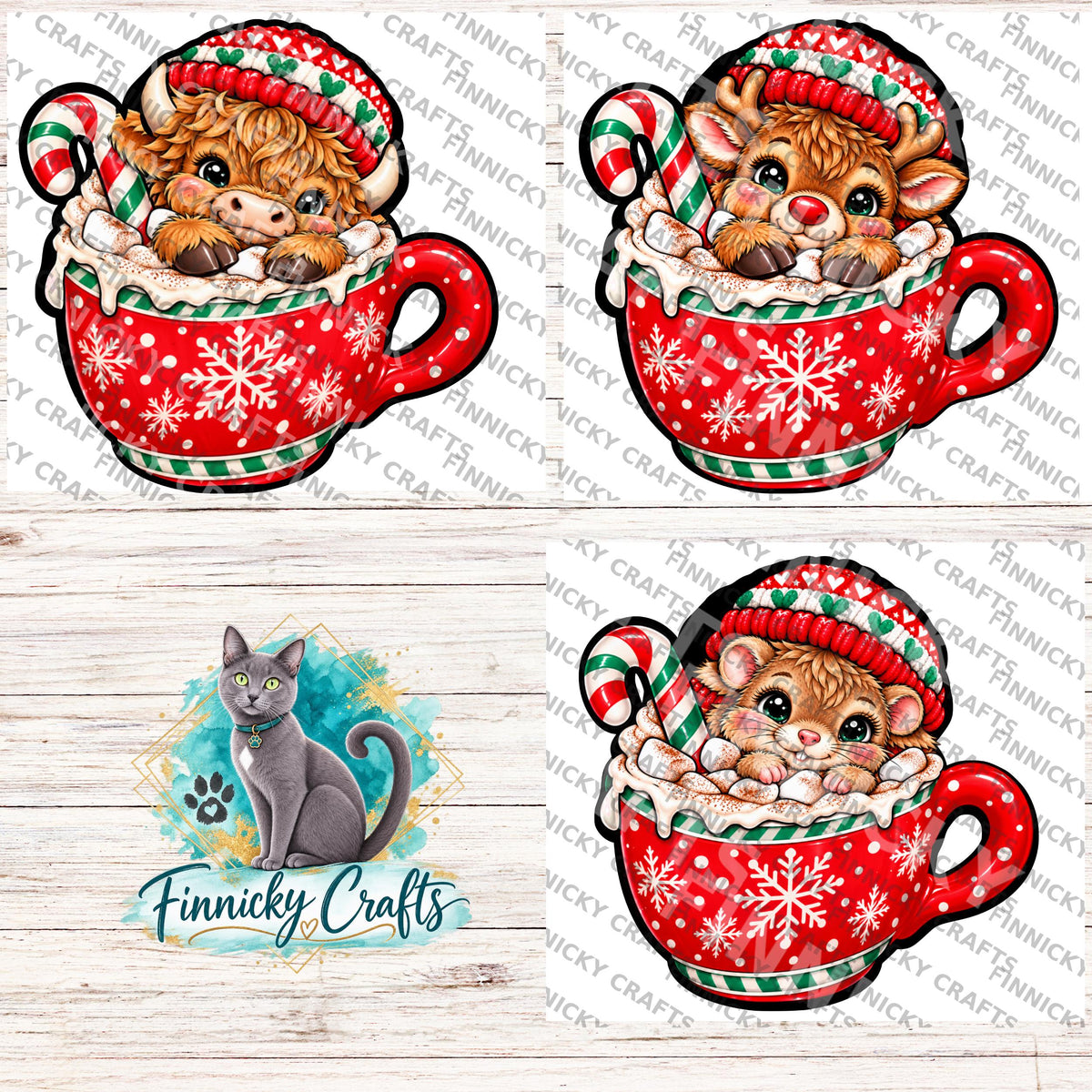Animal in a Mug Christmas Ornament, decor, sign, Nightlight, Sublimation, Digital, PNG, Download - Highland cow, reindeer, mouse