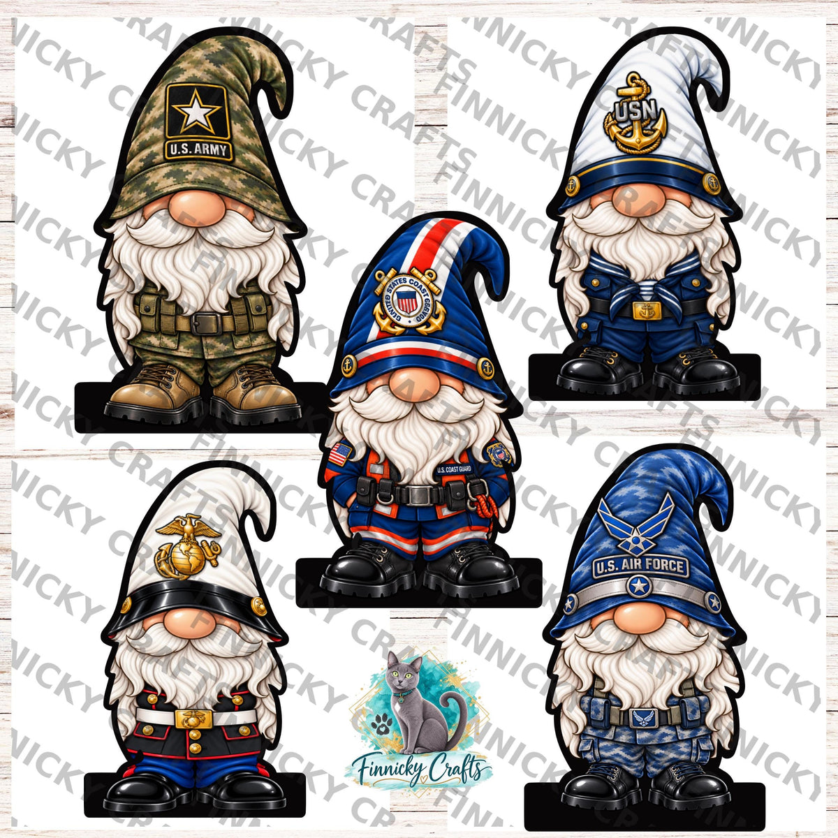 US Military Gnomes, Bundle Sublimation, Digital, PNG, Design, Download, Light Base, Army, Air Force, Marines, Coast Guard, Navy