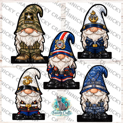 US Military Gnomes, Bundle Sublimation, Digital, PNG, Design, Download, Light Base, Army, Air Force, Marines, Coast Guard, Navy